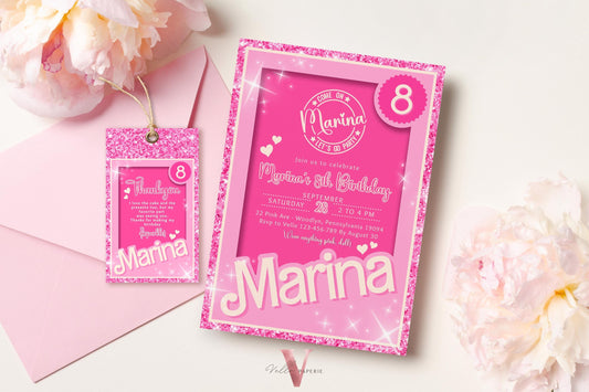 Editable Pink Sparkle Fashion Doll Birthday Invitation, Pink Doll Glitter Come On Lets Go Pink Party Invite Instant Template