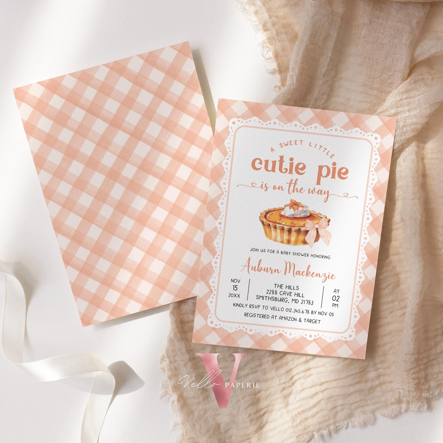 Sweet Cutie Pie on the way Baby Shower Invitation | FALL Cutie Pie Baby Shower Invite | Autumn Baby Shower Gender Neutral Pie Gingham CPB01