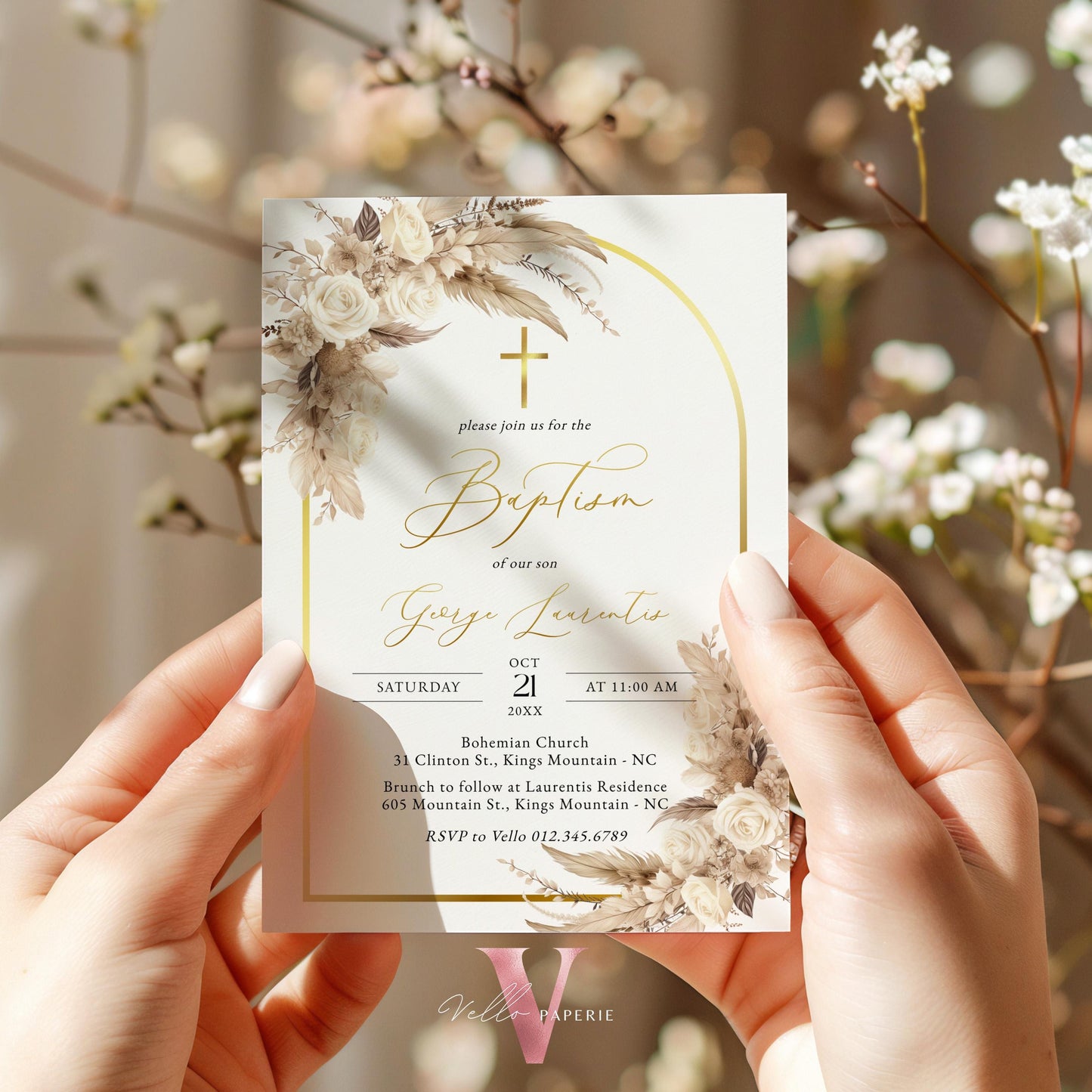 Modern BOHO Cross BAPTISM Invitation | Pampas Grass Christening Invite | Baby Dedication | Free Digital Invite, Optional Photo, Favor Tag