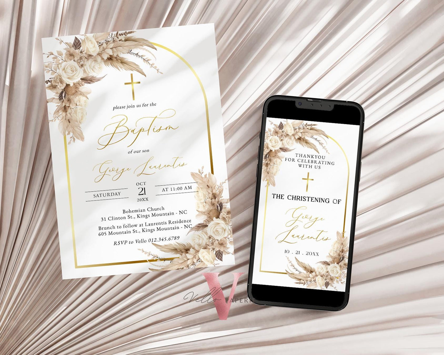 Modern BOHO Cross BAPTISM Invitation | Pampas Grass Christening Invite | Baby Dedication | Free Digital Invite, Optional Photo, Favor Tag