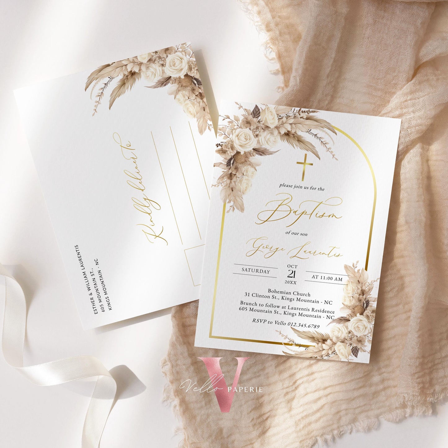 Modern BOHO Cross BAPTISM Invitation | Pampas Grass Christening Invite | Baby Dedication | Free Digital Invite, Optional Photo, Favor Tag