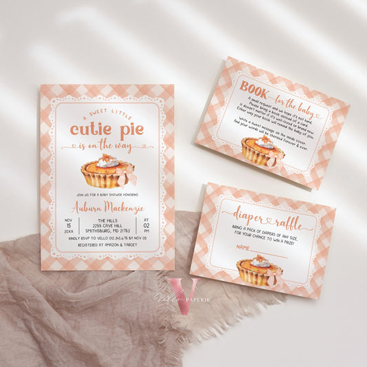 Sweet Cutie Pie on the way Baby Shower Invitation | FALL Cutie Pie Baby Shower Invite | Autumn Baby Shower Gender Neutral Pie Gingham CPB01