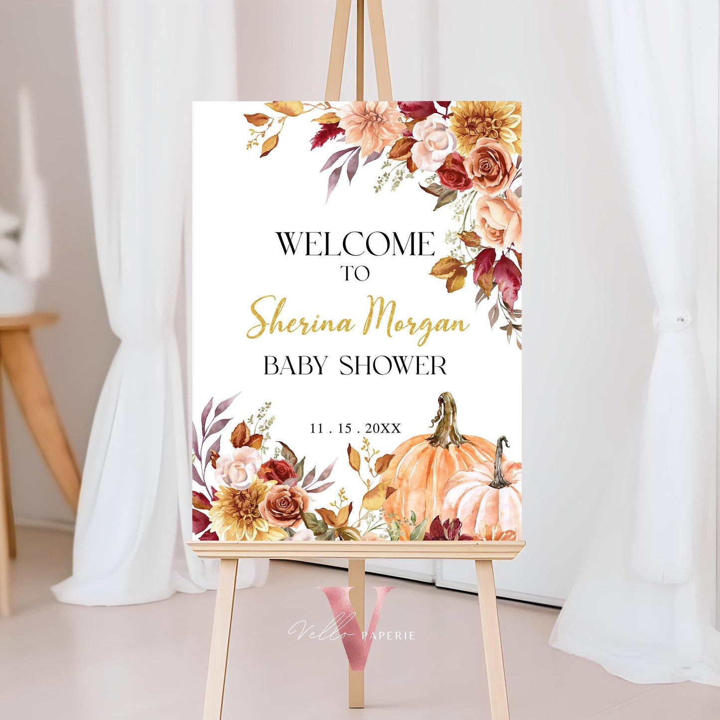 Little Pumpkin on the way FALL Baby Shower Welcome Sign | Editable Autumn Floral Pumpkin Decor Sign | Orange Red Flower Pumpkin Sign FPB01