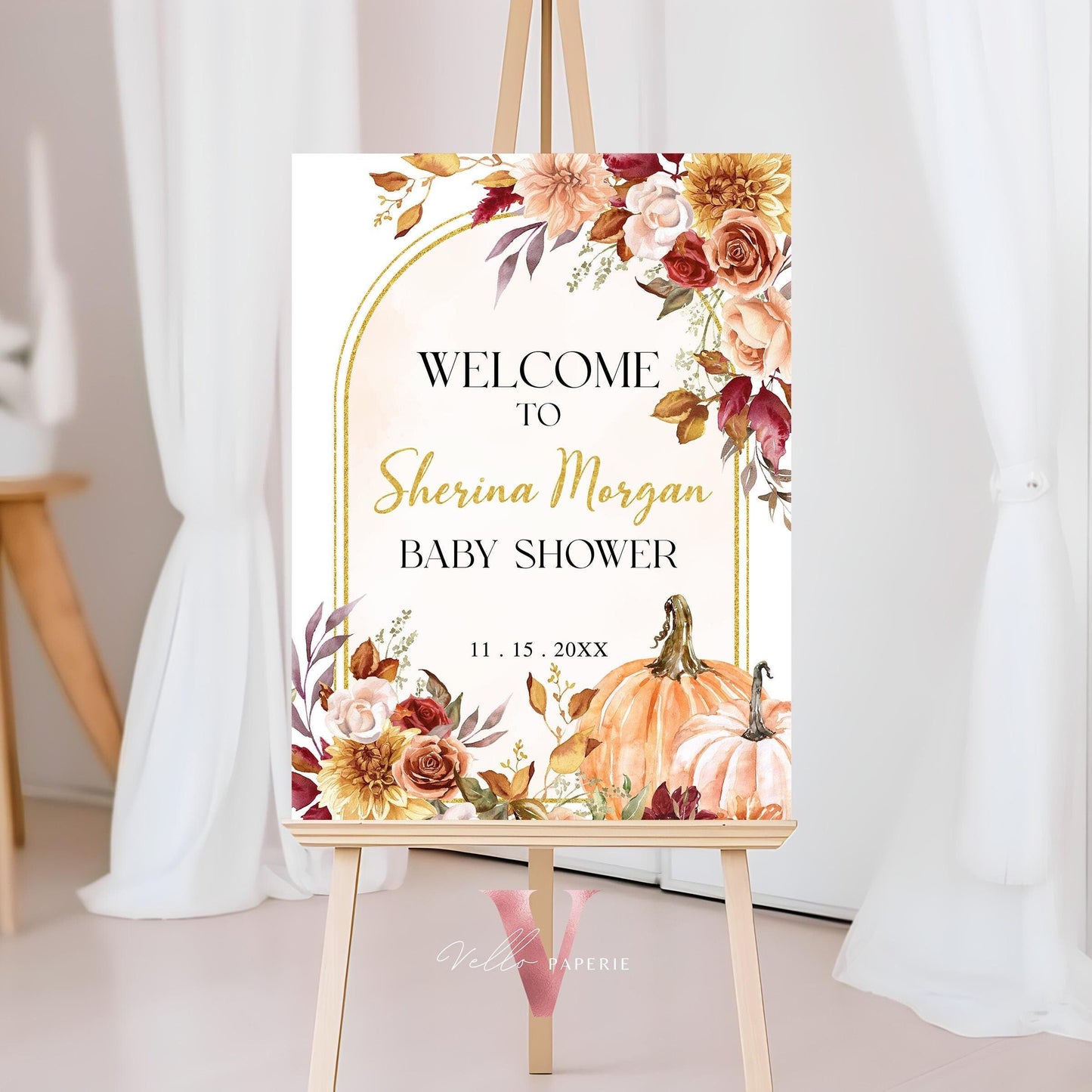 Little Pumpkin on the way FALL Baby Shower Welcome Sign | Editable Autumn Floral Pumpkin Decor Sign | Orange Red Flower Pumpkin Sign FPB01