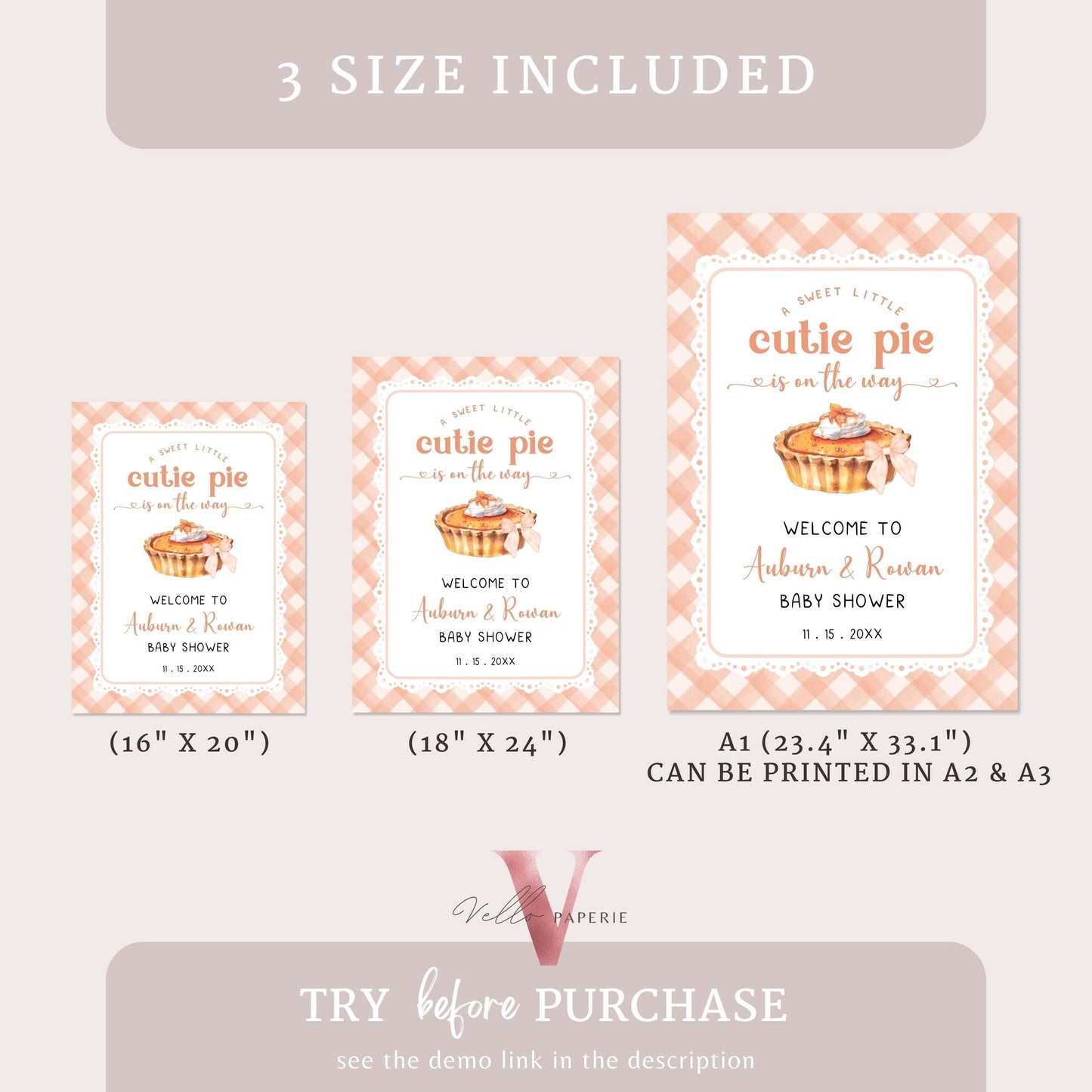 Sweet Cutie Pie Baby Shower Welcome Sign | FALL Autumn Cutie Pie Baby Shower Decor Sign | Orange Gingham Gender Neutral Pie Party Sign CPB01