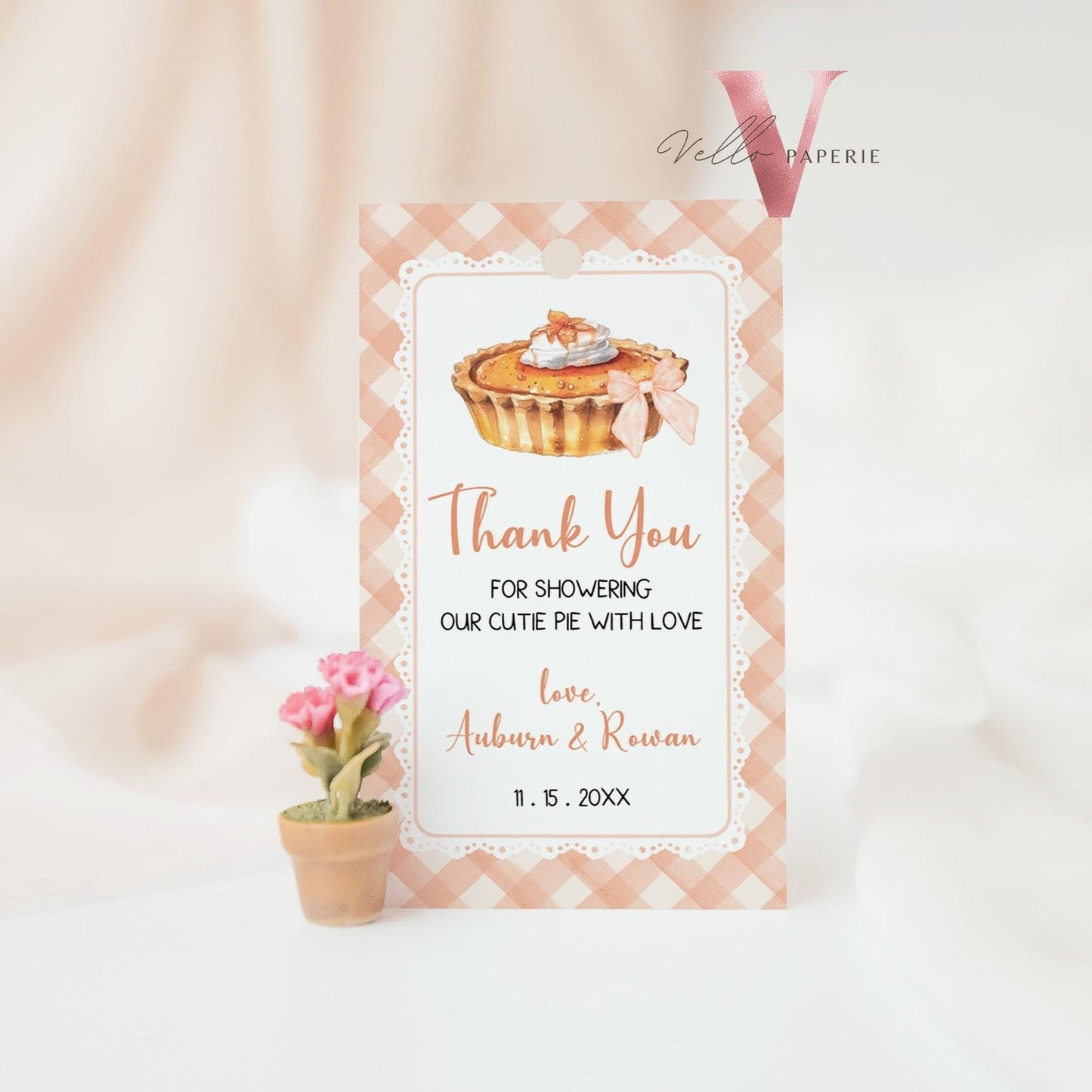 Sweet Cutie Pie Baby Shower Favor Tag | FALL Autumn Cutie Pie Baby Shower Thankyou Card | Orange Gingham Gender Neutral Pie Round Tag CPB01