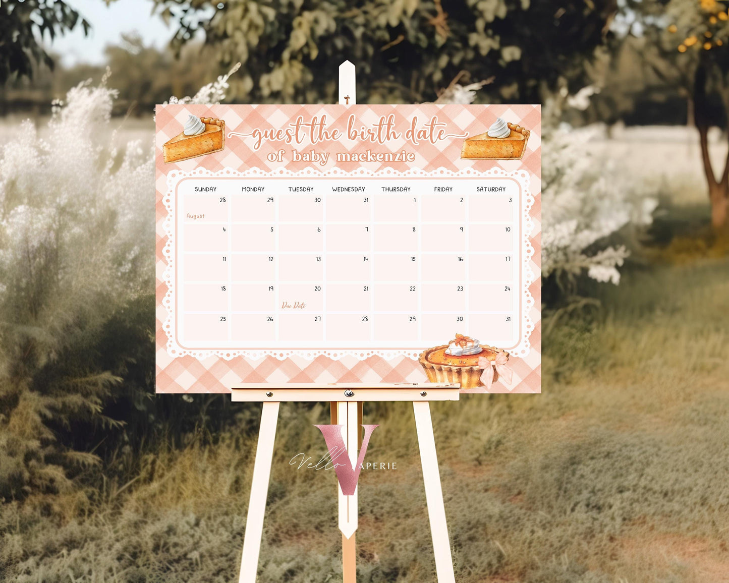 Sweet Cutie Pie Baby Shower Due Date Calendar | FALL Autumn Cutie Pie Baby Shower Birth Date | Orange Gingham Gender Neutral Pie Game CPB01