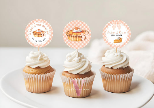 Sweet Cutie Pie Baby Shower Cupcake Topper | FALL Autumn Cutie Pie Baby Shower Cake Decor | Orange Gingham Gender Neutral Pie Topper CPB01