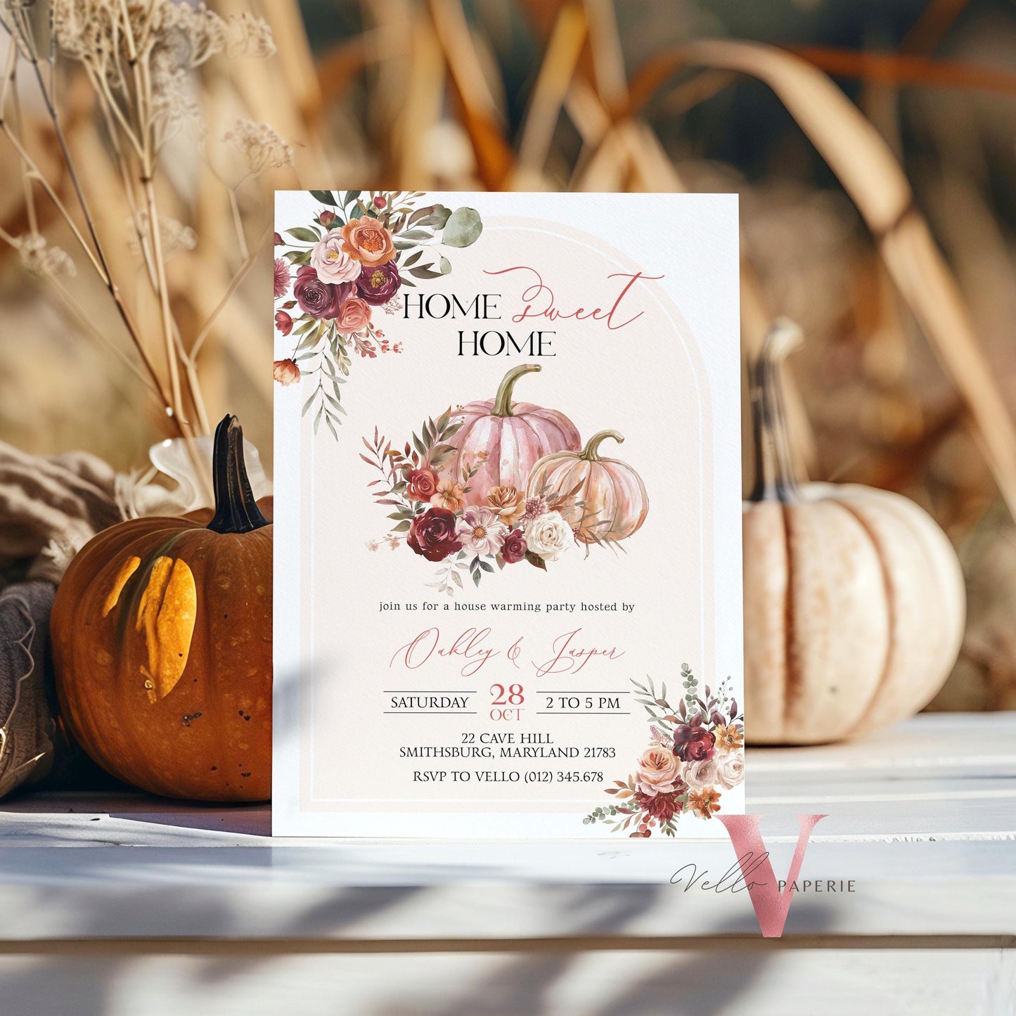 Autumn Floral House Warming Invitation | FALL Boho Pumpkin Home Sweet Home Party Invite | Modern Rustic New House Celebration Fall Flower