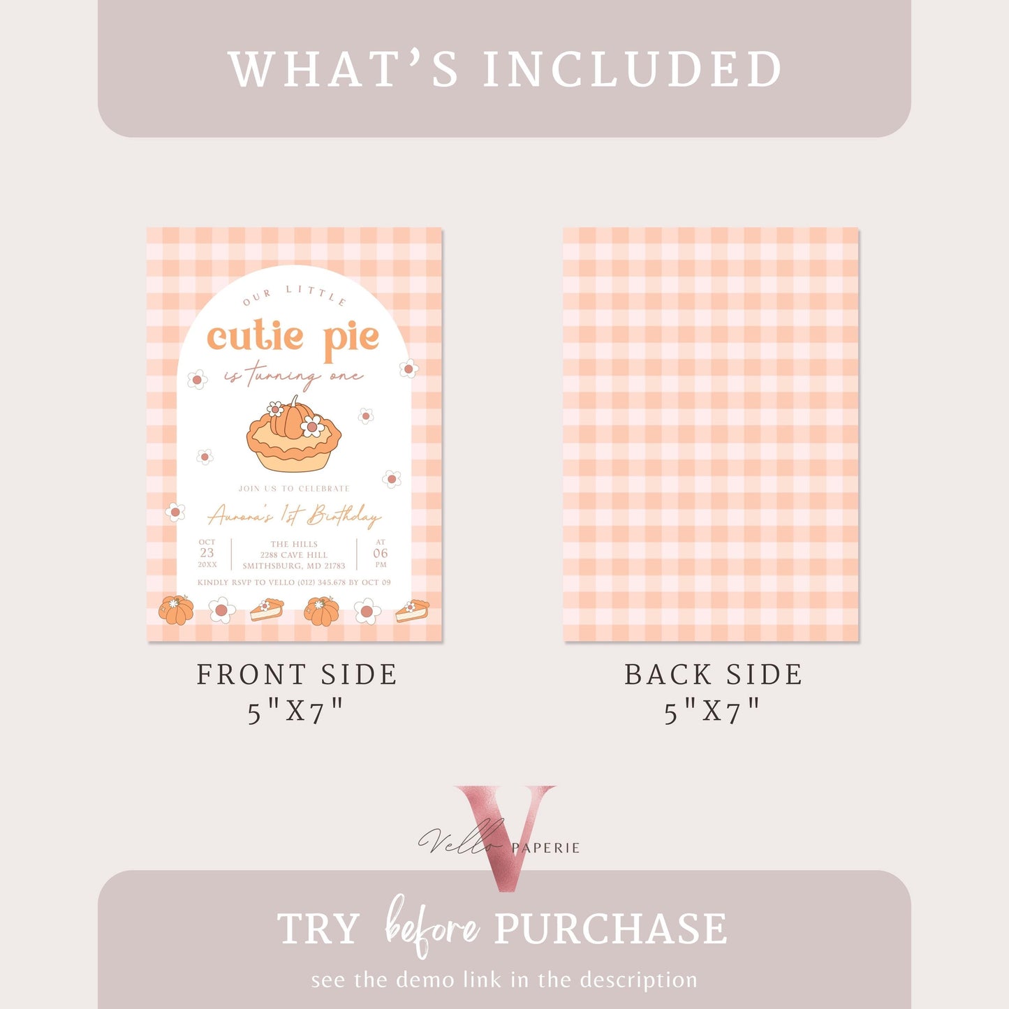 Cutie Pie ANY AGE Birthday Invitation | FALL Sweetie Pie Birthday Party Invite | Autumn Birthday | Gender Neutral Sweet Pie Gingham Birthday