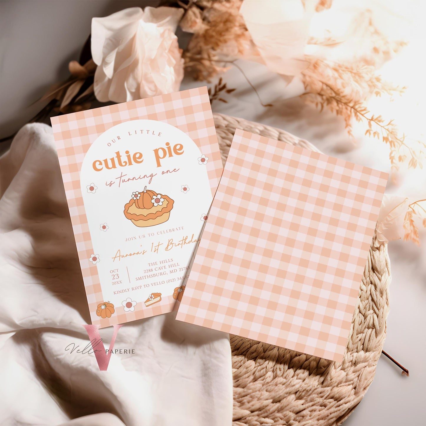 Cutie Pie ANY AGE Birthday Invitation | FALL Sweetie Pie Birthday Party Invite | Autumn Birthday | Gender Neutral Sweet Pie Gingham Birthday