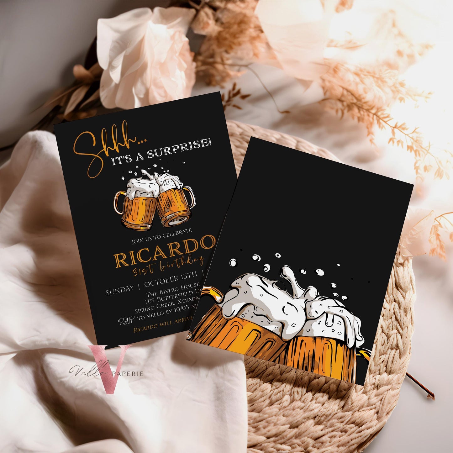 Beer Surprise Birthday Party Invitation | 30th 40th 50th Adult Birthday Invite | Self Editable Gold Black Adult Printable Instant Template