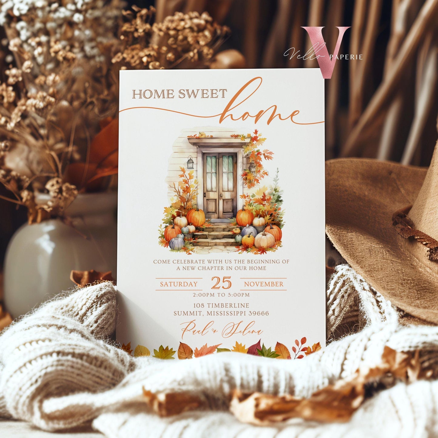 Autumn Floral House Warming Invitation | FALL Boho Pumpkin Home Sweet Home Party Invite | Modern Rustic New House Celebration Fall Flower