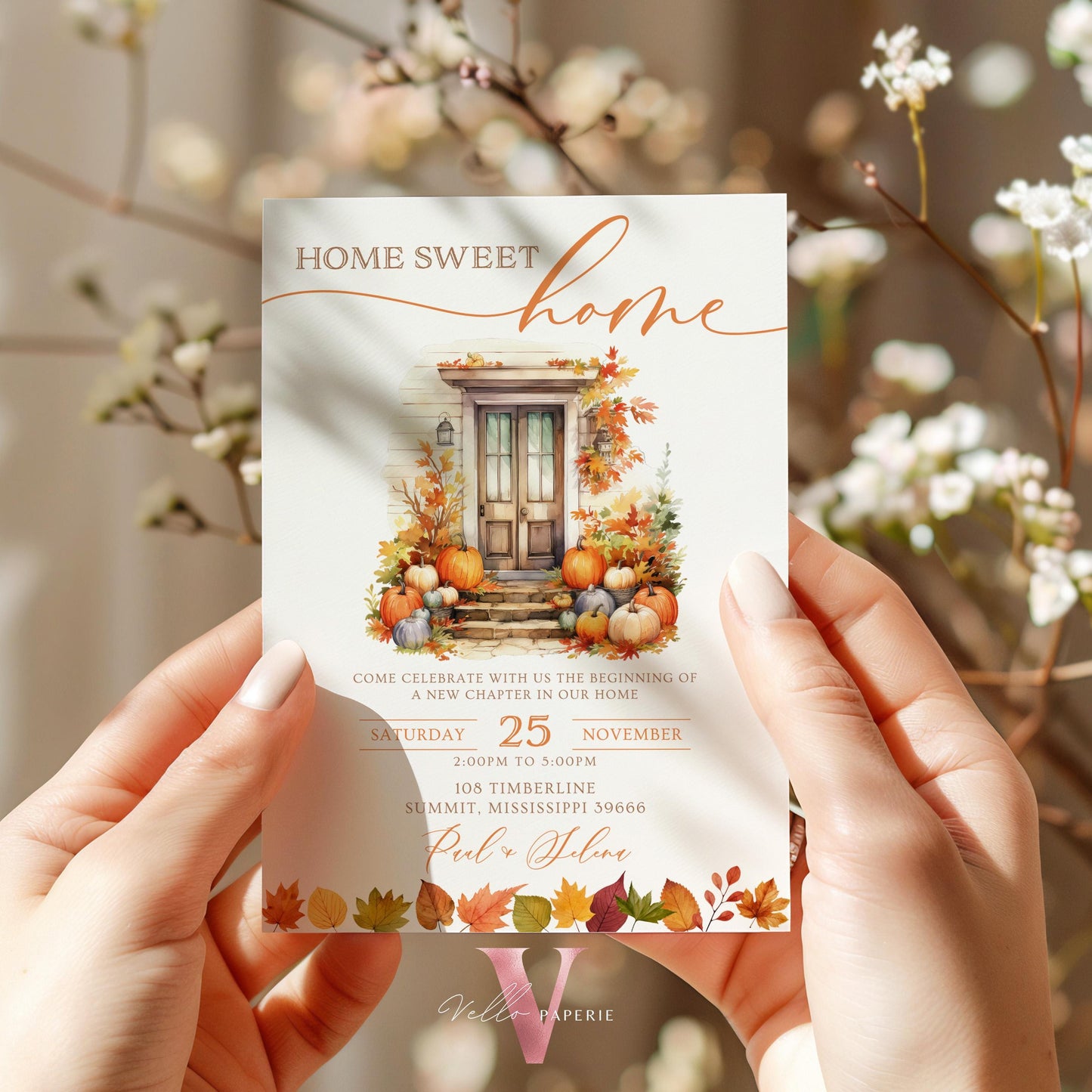 Autumn Floral House Warming Invitation | FALL Boho Pumpkin Home Sweet Home Party Invite | Modern Rustic New House Celebration Fall Flower