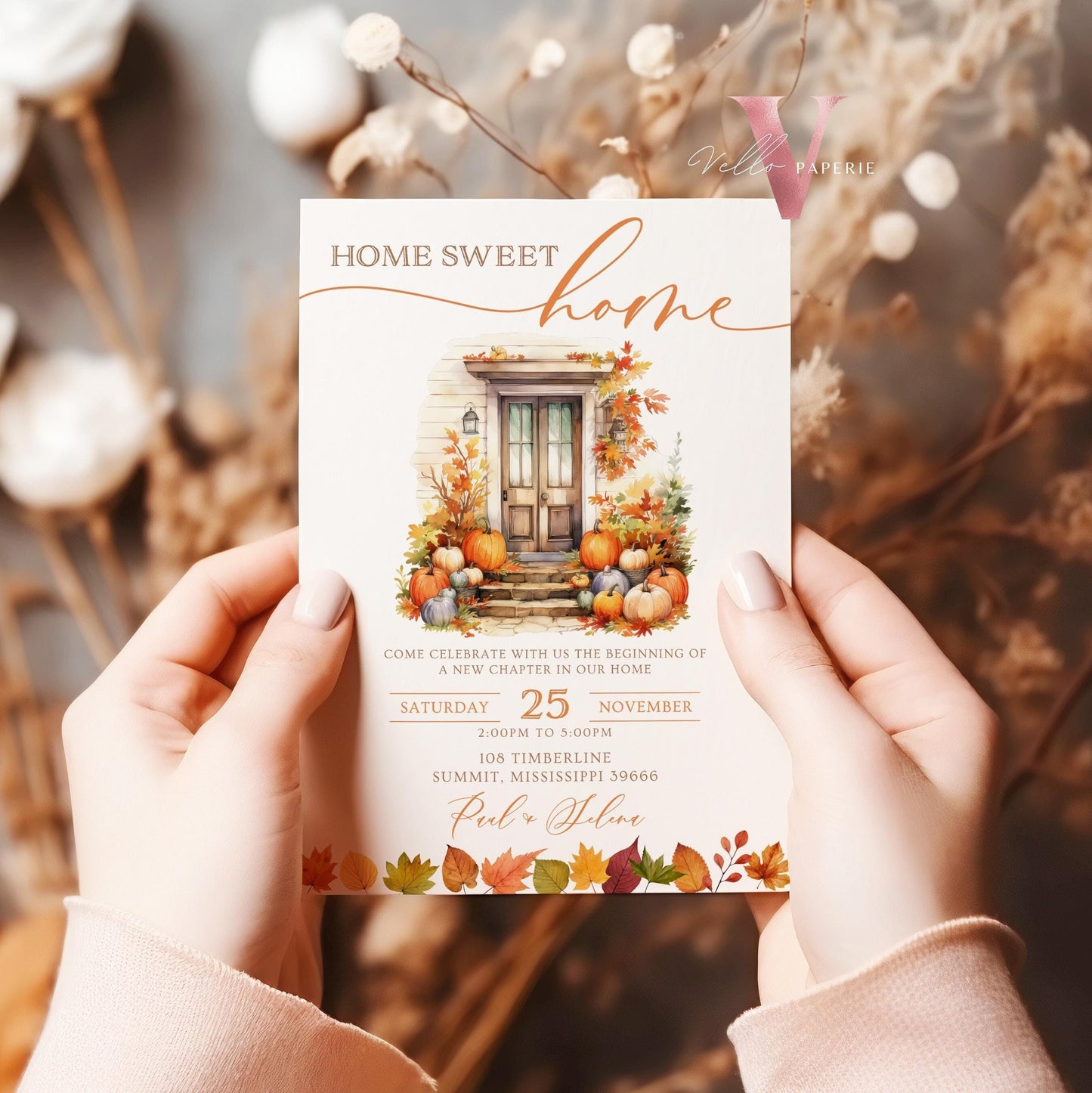 Autumn Floral House Warming Invitation | FALL Boho Pumpkin Home Sweet Home Party Invite | Modern Rustic New House Celebration Fall Flower