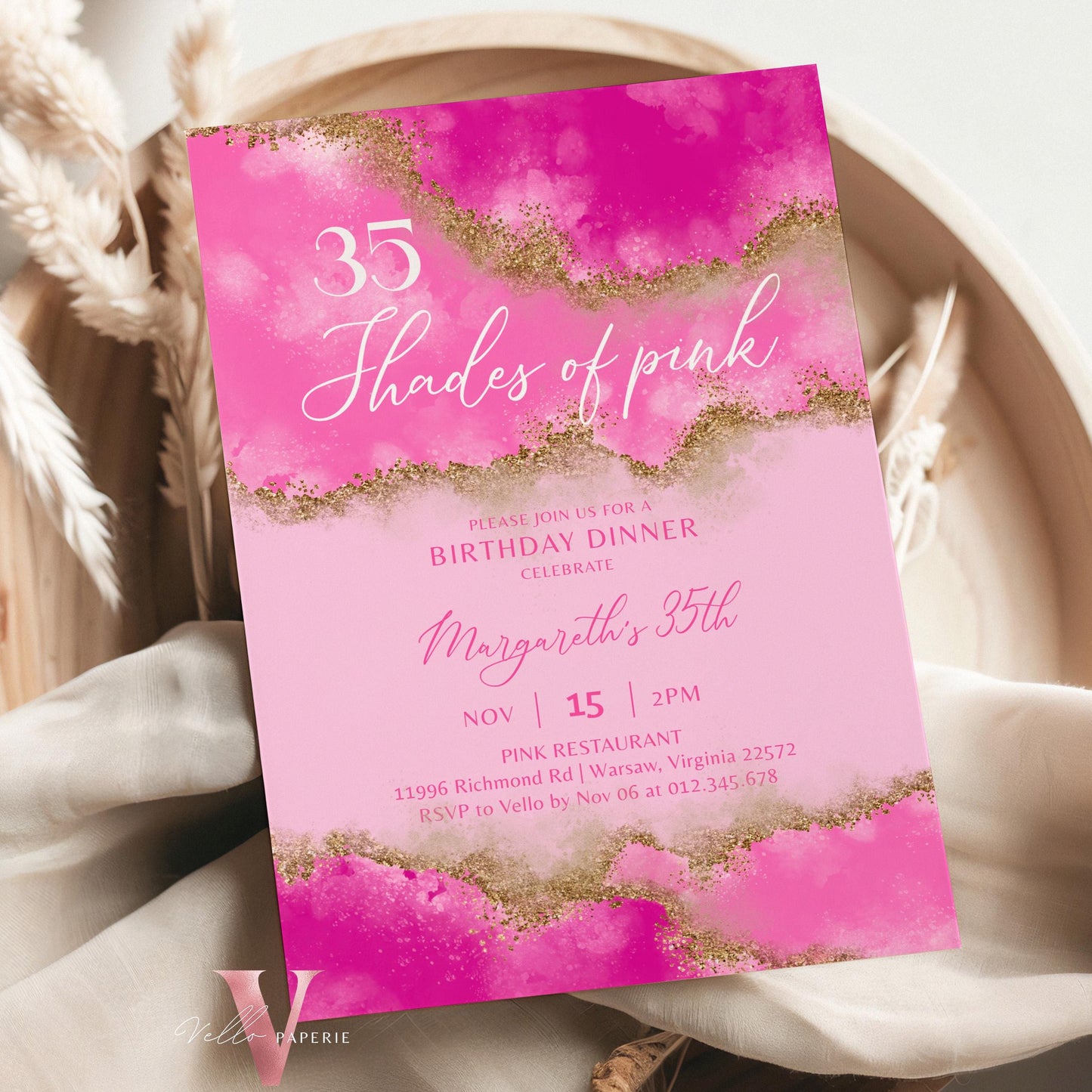 Any Age Shades of Pink Invitation | Editable Printable Pink with Gold Birthday Party Invitation | Agate Birthday Dinner Invite Pink Abstract