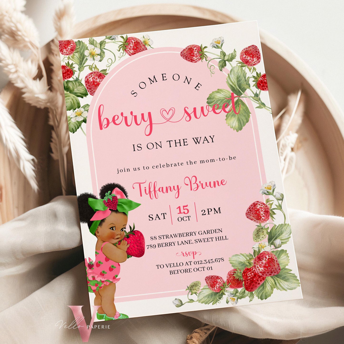 Any Skin Tone Strawberry Baby Shower Invitation | Berry Sweet Baby on the Way Invite | Sweet Berry Baby Shower Invite | Baby Girl Reveal