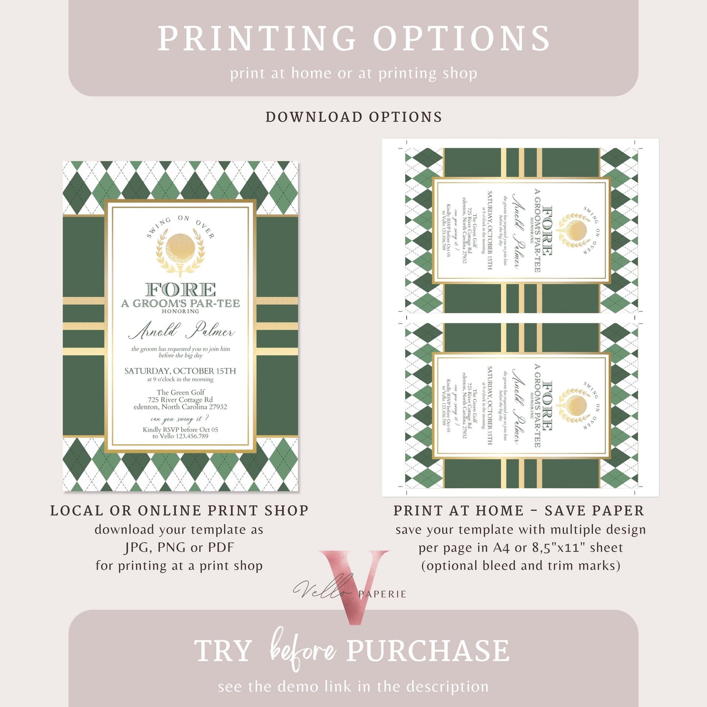 White Green Gold GOLF Grooms Par-tee Invitation | Emerald Green Golf Themed Par-tee FORE the Bride and Groom | Golf Couple, Wedding Shower