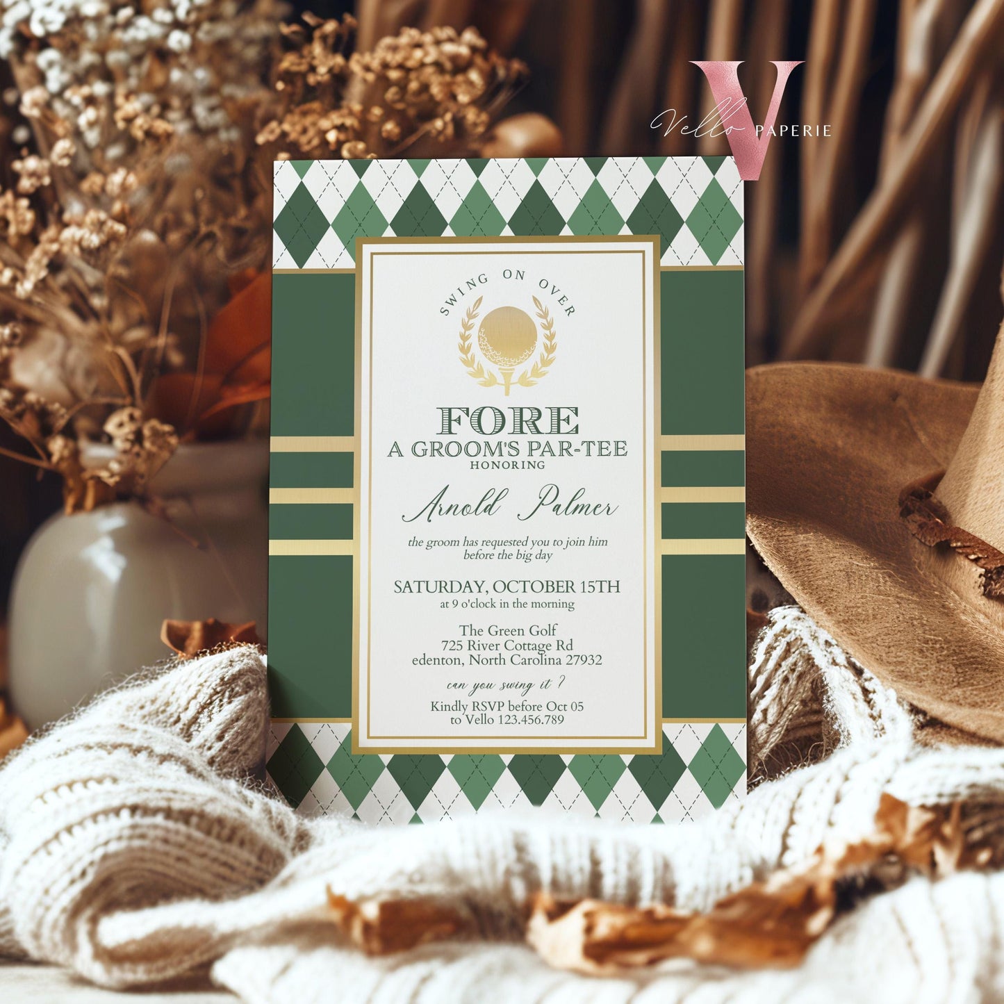 White Green Gold GOLF Grooms Par-tee Invitation | Emerald Green Golf Themed Par-tee FORE the Bride and Groom | Golf Couple, Wedding Shower