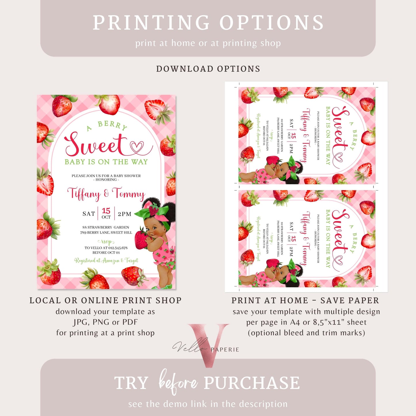 Any Skin Tone Strawberry Baby Shower Invitation | Berry Sweet Baby on the Way Invite | Sweet Berry Baby Shower Invite | Baby Girl Reveal