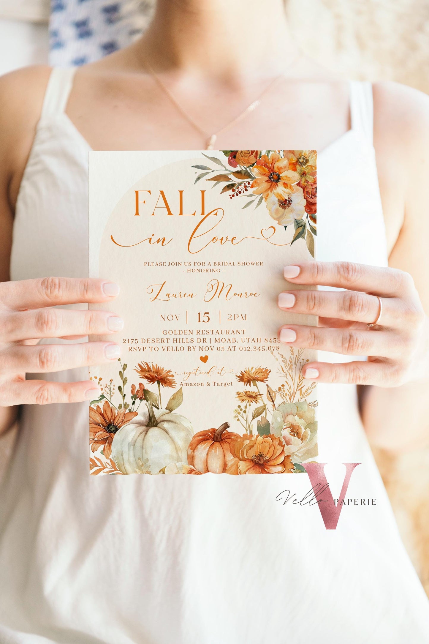 Pumpkin Fall In Love Bridal Shower Invitation | Editable Autumn Flower Bride Shower Invite | Modern Terracota Rustic Flower Wedding Shower