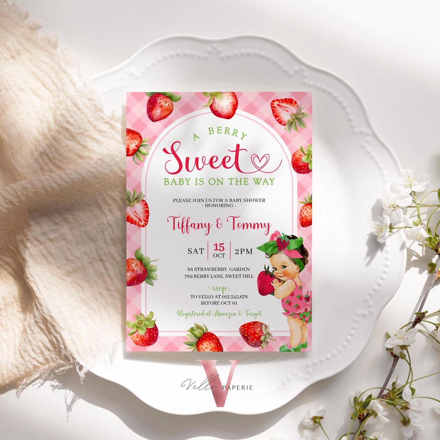 Any Skin Tone Strawberry Baby Shower Invitation | Berry Sweet Baby on the Way Invite | Sweet Berry Baby Shower Invite | Baby Girl Reveal