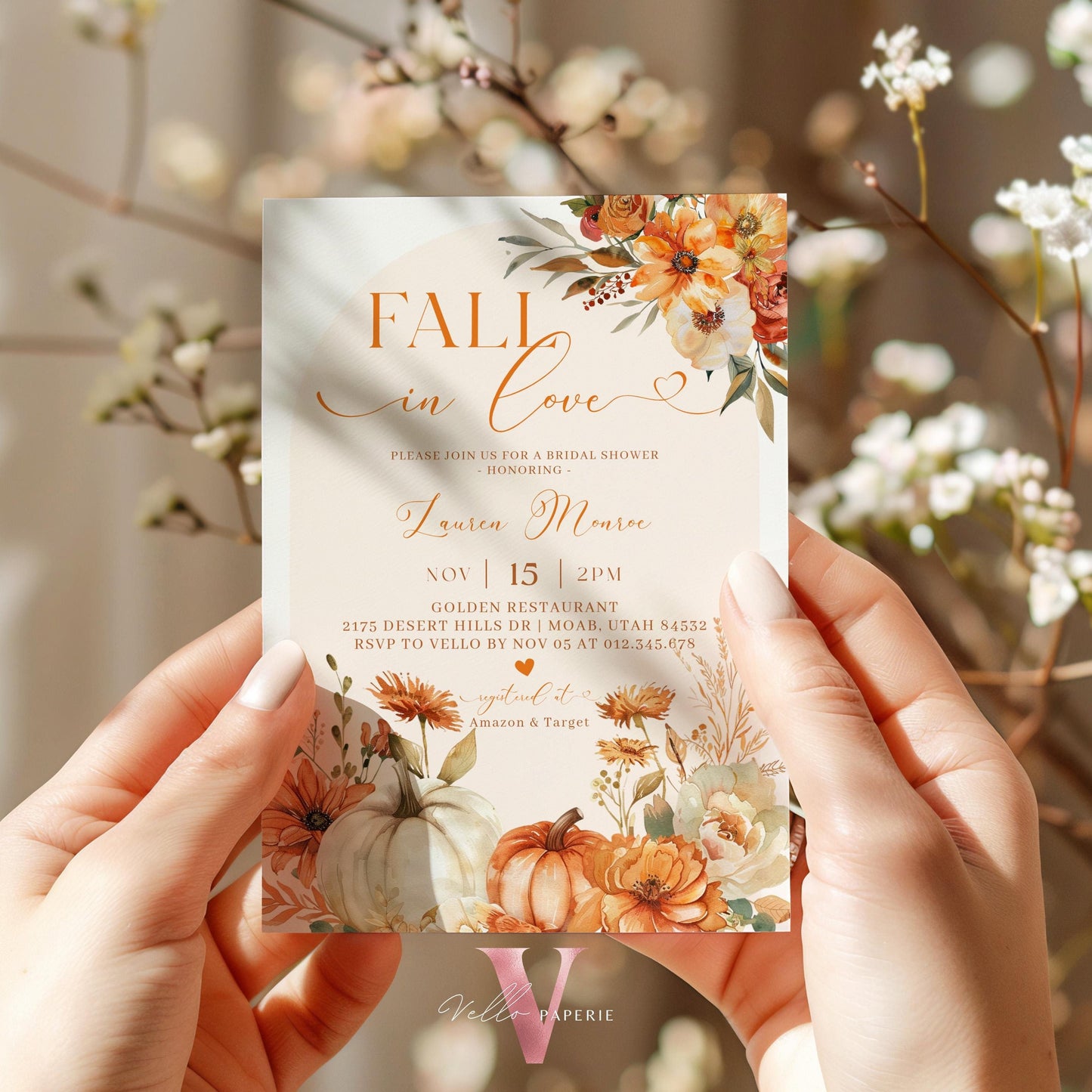 Pumpkin Fall In Love Bridal Shower Invitation | Editable Autumn Flower Bride Shower Invite | Modern Terracota Rustic Flower Wedding Shower