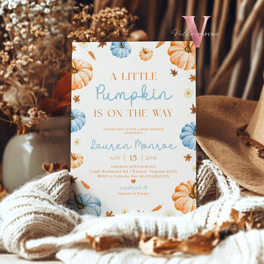 Neutral Gender Little Pumpkin Fall Baby Shower Invitation | Autumn Floral Pumpkin Baby Shower Invite | Modern Boho Blue Orange Pumpkin Baby