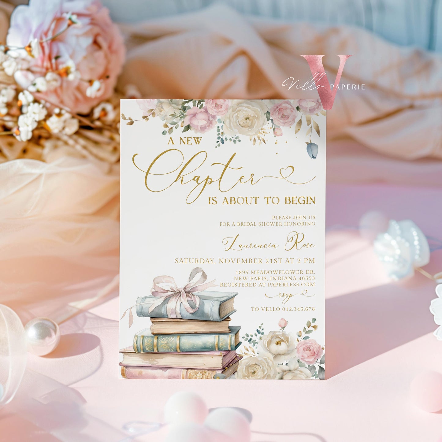 Neutral Gold Storybook Bridal Shower Invitation | New Chapter is About to Begin Book Bridal Shower Invite | Book Lover Bride Shower Editable