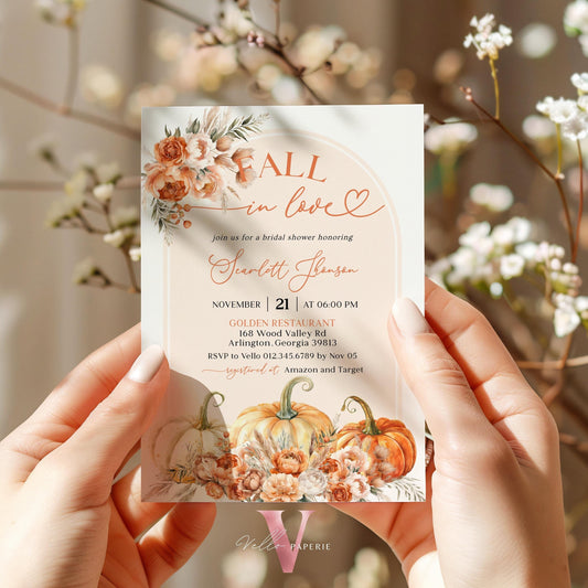 Editable Pumpkin FALL IN LOVE Bridal Shower Invitation | Autumn Flower Bride Shower Invite | Modern Terracota Rustic Flower Wedding Shower