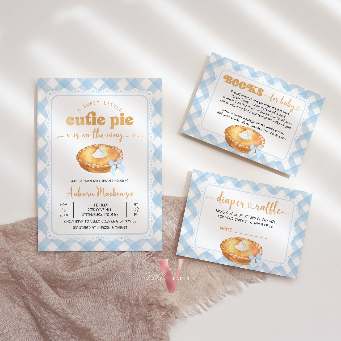 Blue Sweet Cutie Pie on the way Baby Shower Invitation | FALL Cutie Pie Baby Shower Invite | Autumn Baby Shower Boy Girl Pie Gingham CPB02