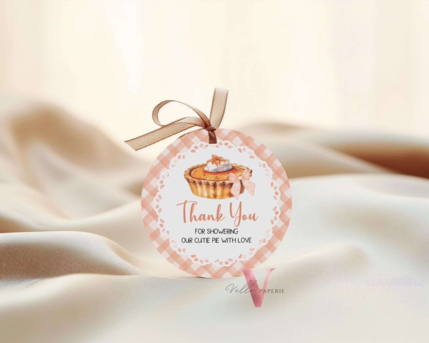 Sweet Cutie Pie Baby Shower Favor Tag | FALL Autumn Cutie Pie Baby Shower Thankyou Card | Orange Gingham Gender Neutral Pie Round Tag CPB01