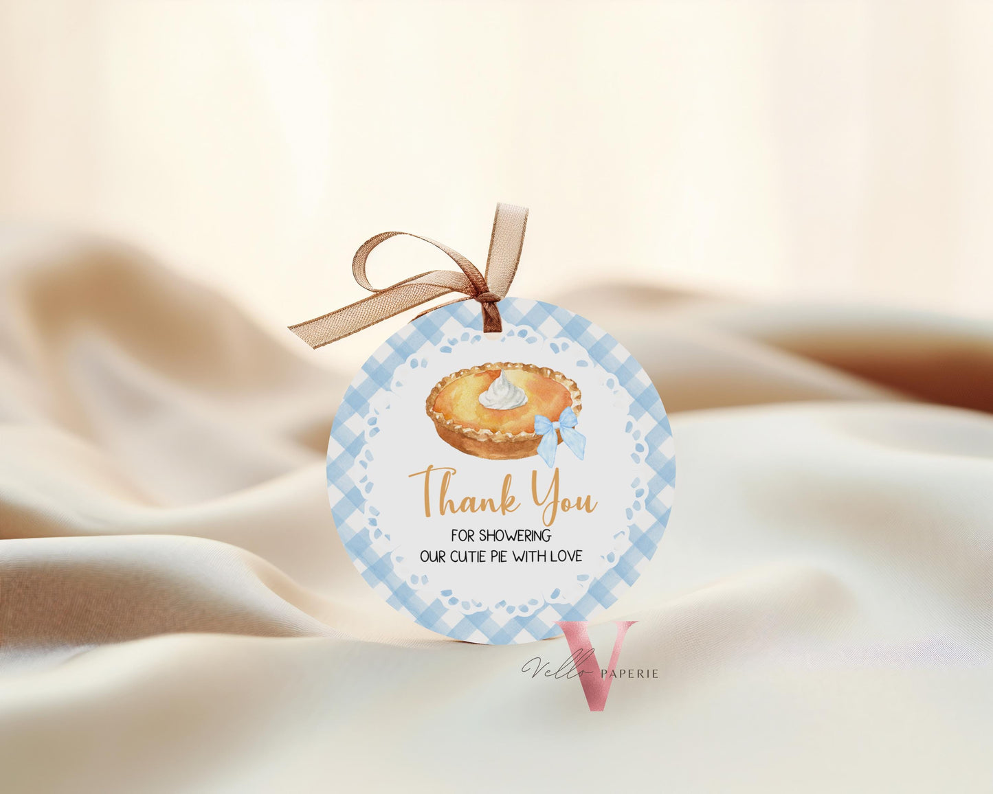 Sweet Cutie Pie Baby Shower Round Label | FALL Autumn Cutie Pie Baby Shower Thankyou Label | Blue Gingham Gender Neutral Pie Round Tag CPB02