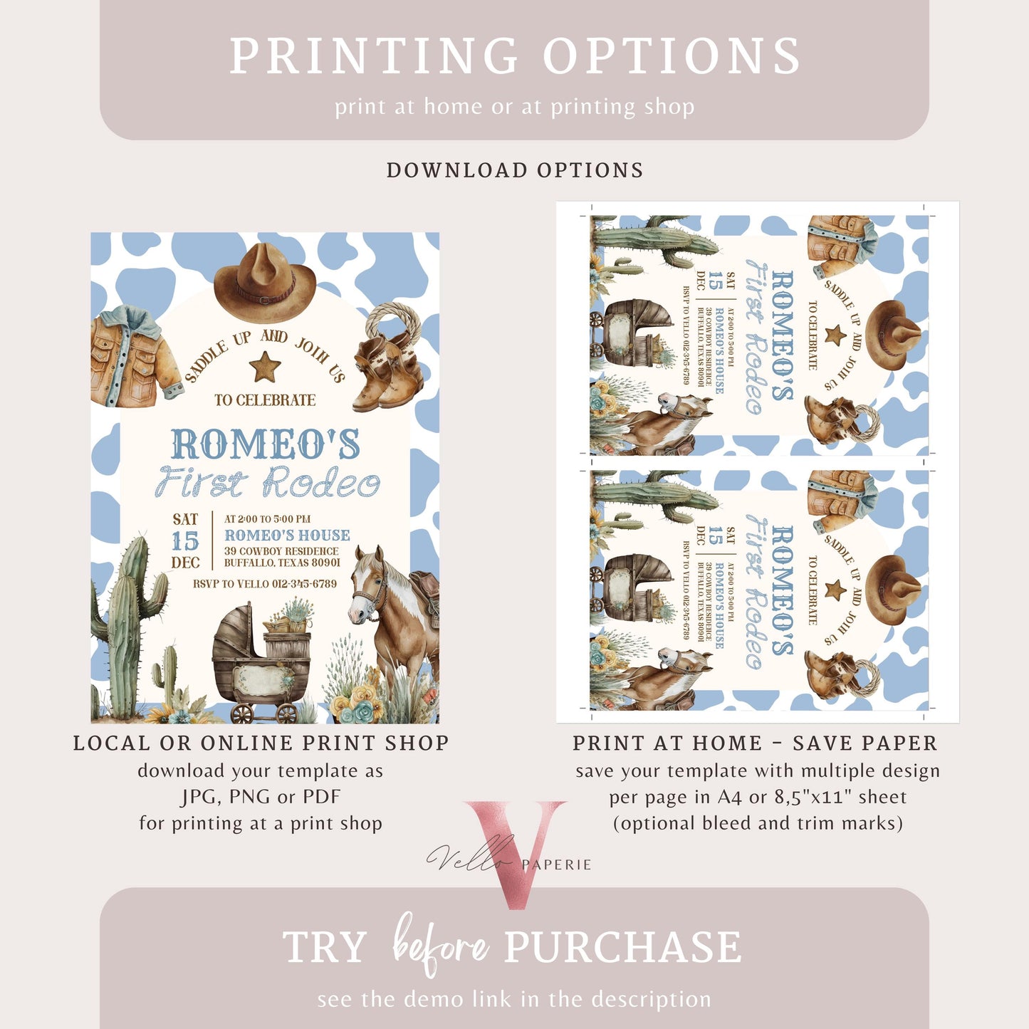 Editable "Age Rodeo" Yee Haw COWBOY Birthday Invitation | Brown Blue ANY AGE Rodeo Cowboy Party Invite | Boy Western Arch Nashville Birthday