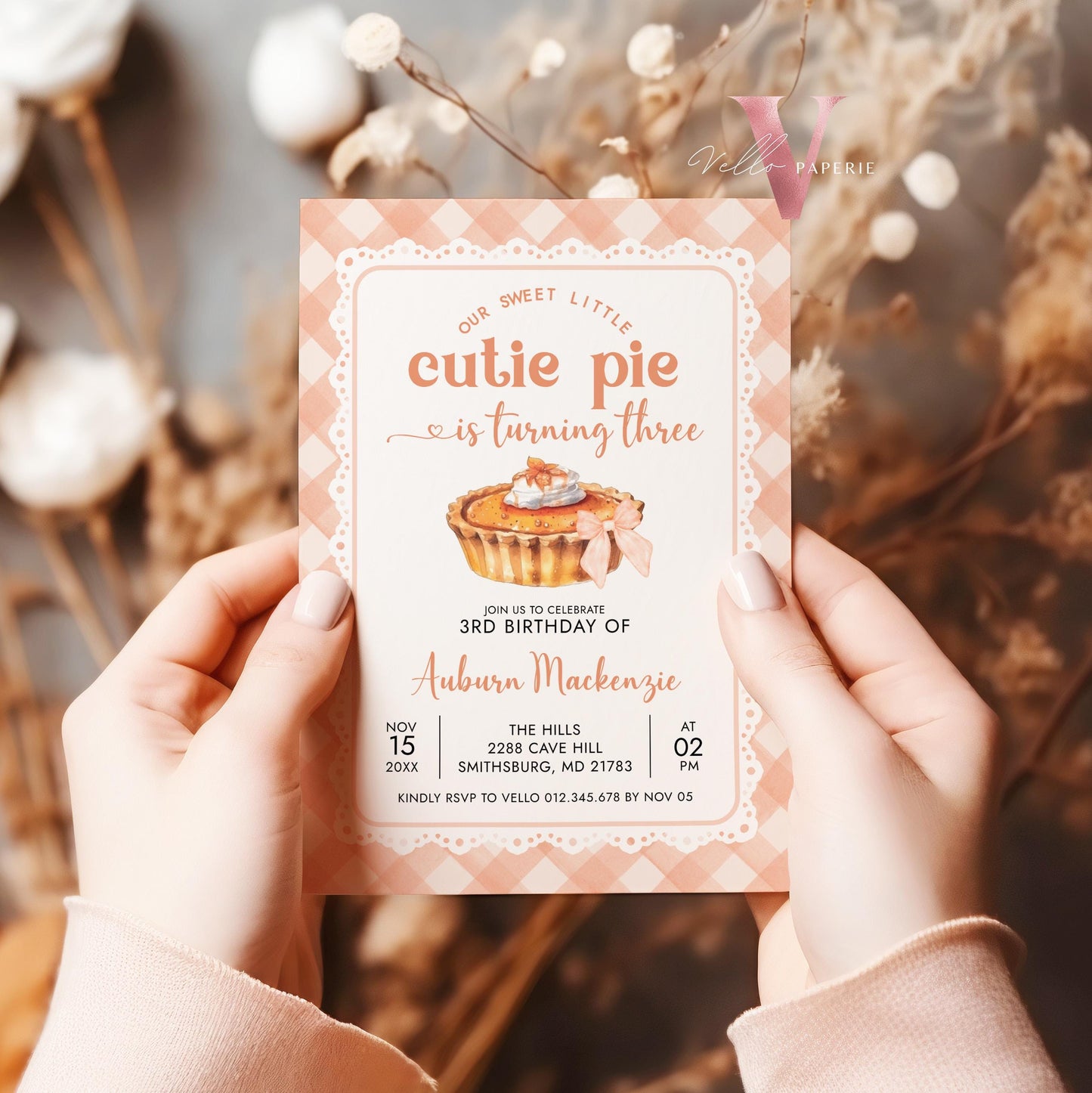 Editable Cutie Pie ANY AGE Birthday Invitation | FALL Sweetie Pie Birthday Party Invite | Autumn Birthday Gender Neutral Sweet Pie Orange