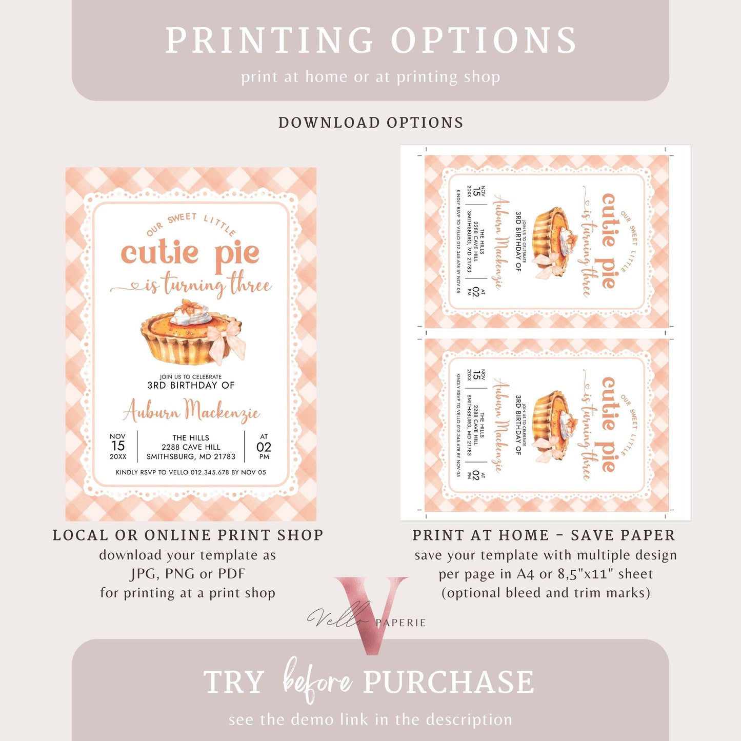 Editable Cutie Pie ANY AGE Birthday Invitation | FALL Sweetie Pie Birthday Party Invite | Autumn Birthday Gender Neutral Sweet Pie Orange