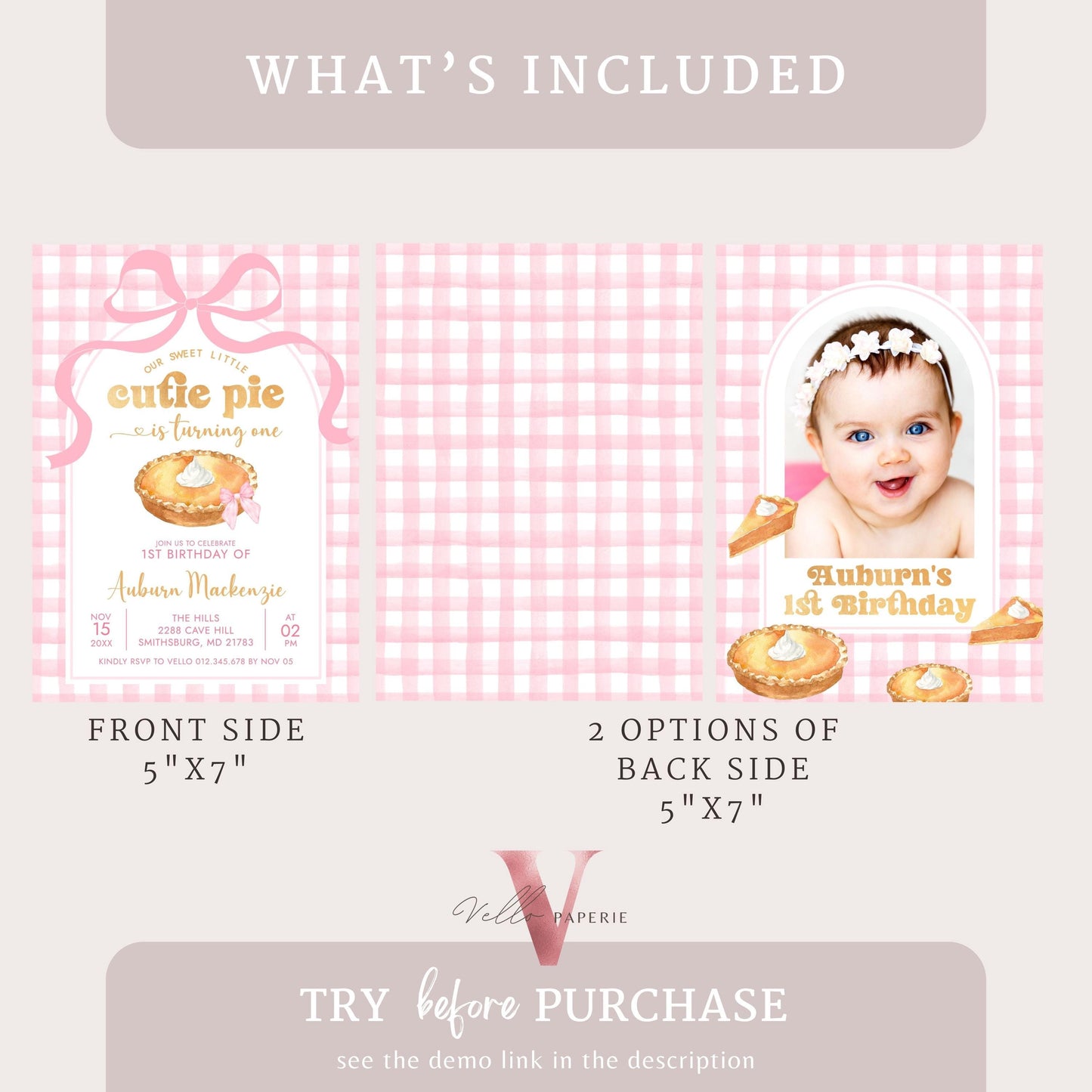 Editable Cutie Pie ANY AGE Birthday Invitation | FALL Sweetie Pie Birthday Party Invite | Autumn Pie Birthday Girl Sweet Pie Pink Photo