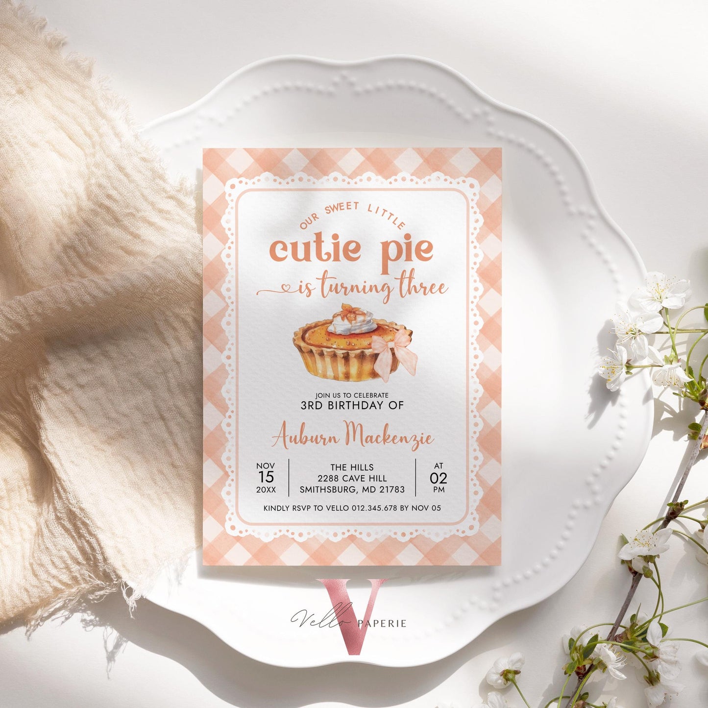 Editable Cutie Pie ANY AGE Birthday Invitation | FALL Sweetie Pie Birthday Party Invite | Autumn Birthday Gender Neutral Sweet Pie Orange