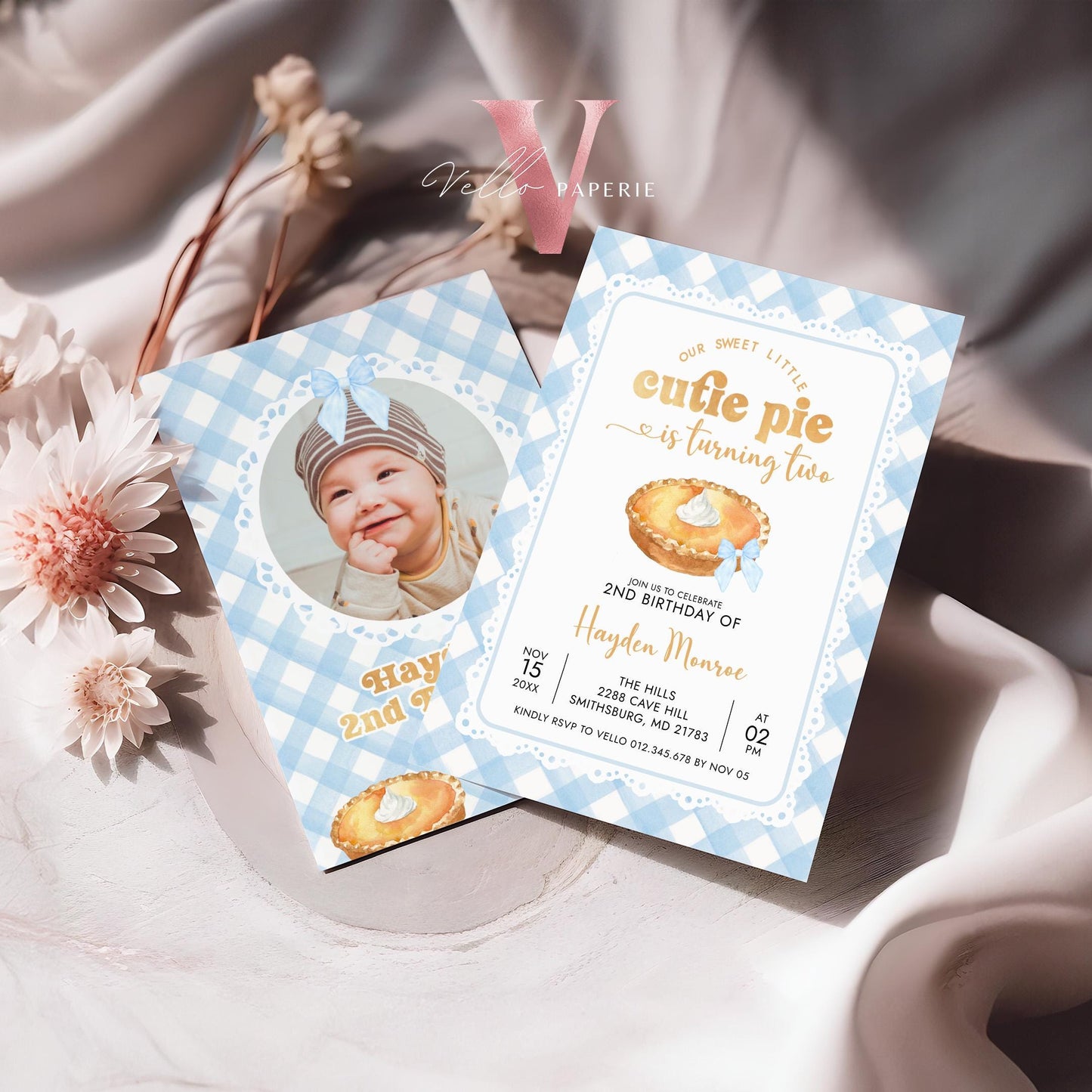 Editable Cutie Pie ANY AGE Birthday Invitation | FALL Sweetie Pie Birthday Party Invite | Autumn Pie Birthday Boy or Girl Pie Blue Gingham