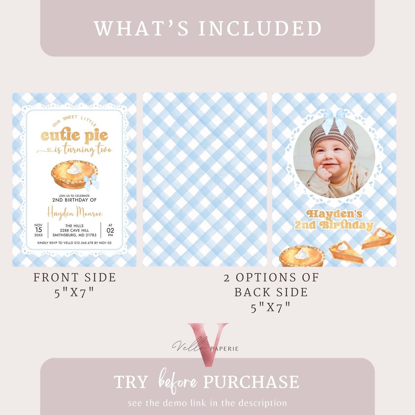 Editable Cutie Pie ANY AGE Birthday Invitation | FALL Sweetie Pie Birthday Party Invite | Autumn Pie Birthday Boy or Girl Pie Blue Gingham