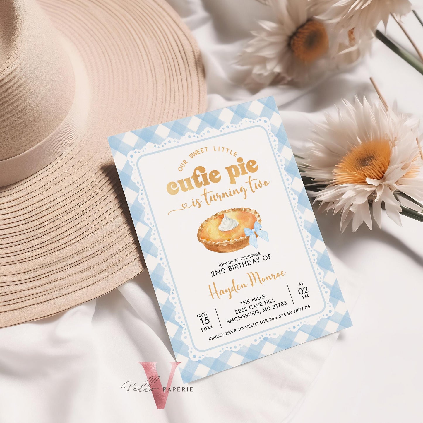 Editable Cutie Pie ANY AGE Birthday Invitation | FALL Sweetie Pie Birthday Party Invite | Autumn Pie Birthday Boy or Girl Pie Blue Gingham