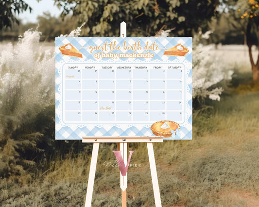 Editable Sweet Cutie Pie Baby Shower Due Date Calendar | FALL Autumn Cutie Pie Baby Shower Birth Date | Blue Gingham Neutral Pie Game CPB02