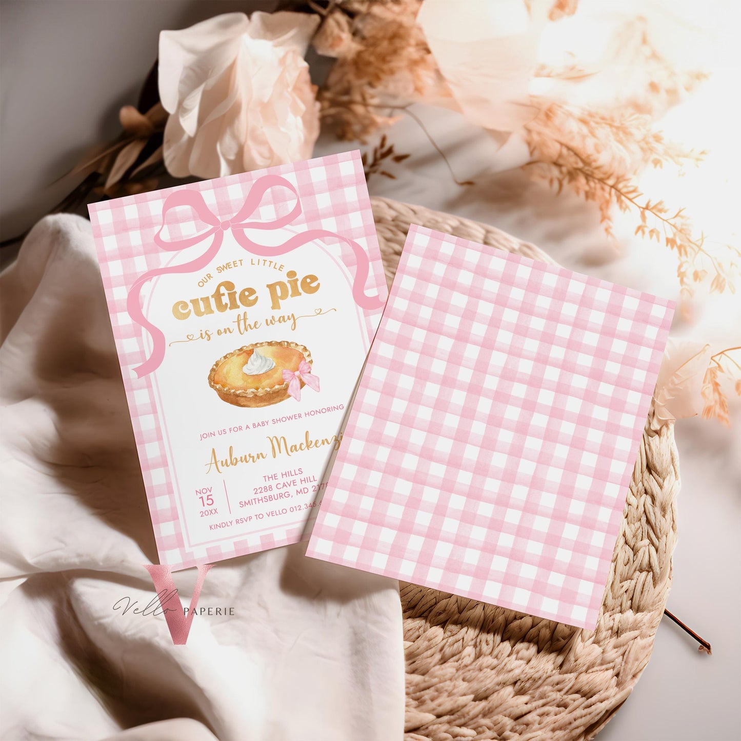 Pink Sweet Cutie Pie on the way Baby Shower Invitation Set | FALL Cutie Pie Baby Shower Invite | Autumn Baby Shower Neutral Pink Gingham