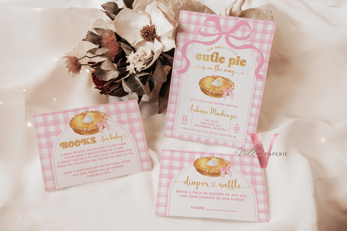 Pink Sweet Cutie Pie on the way Baby Shower Invitation Set | FALL Cutie Pie Baby Shower Invite | Autumn Baby Shower Neutral Pink Gingham