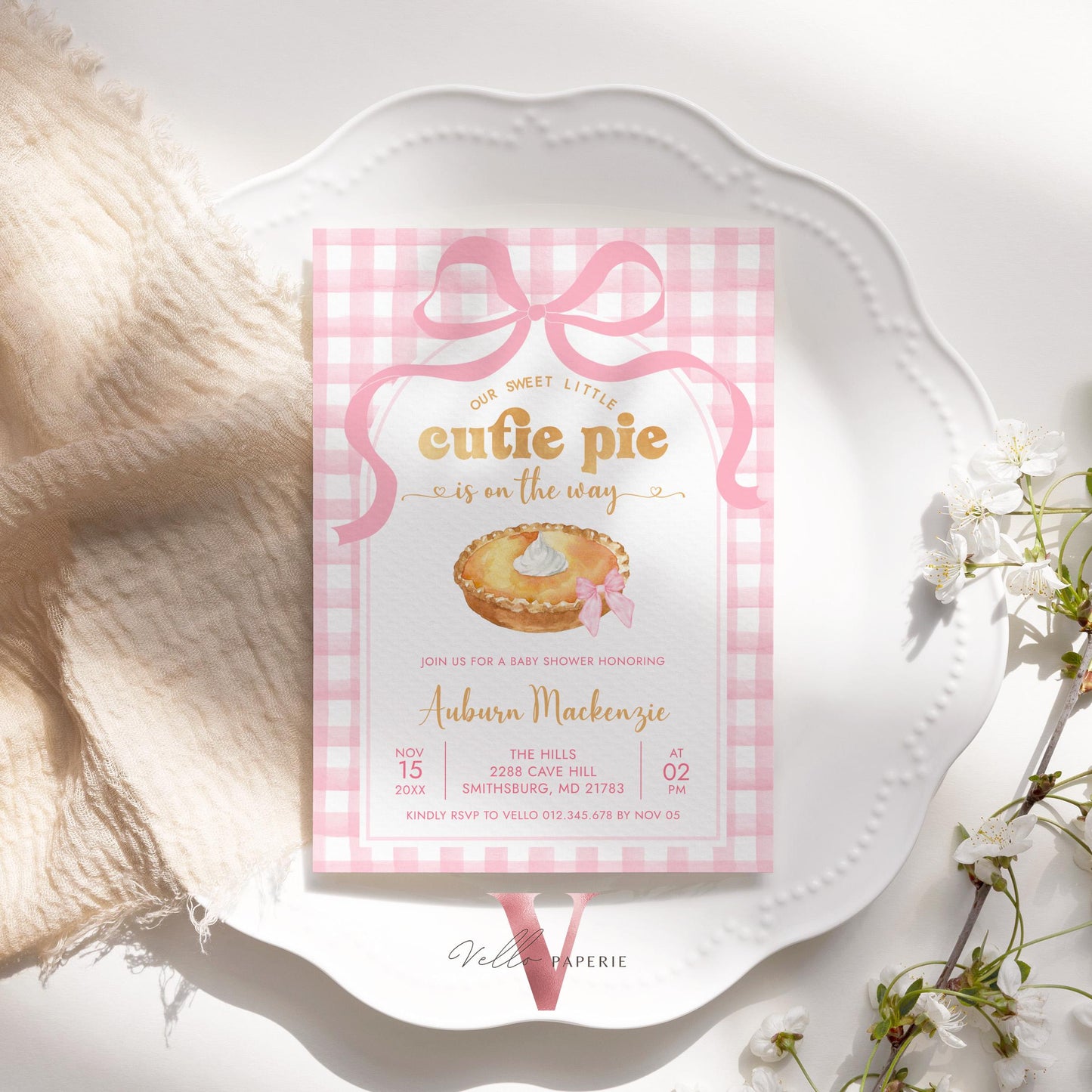 Pink Sweet Cutie Pie on the way Baby Shower Invitation Set | FALL Cutie Pie Baby Shower Invite | Autumn Baby Shower Neutral Pink Gingham