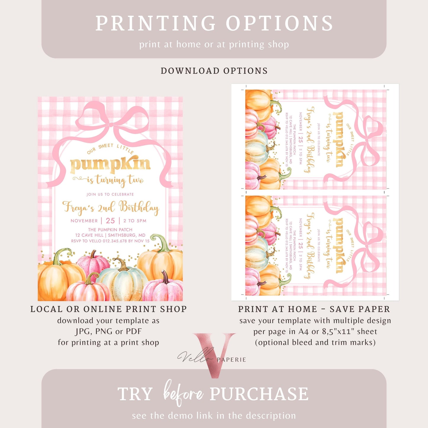 Little Pumpkin ANY AGE Fall Birthday Party Invitation | Autumn Pumpkin Patch Birthday Invite |Modern Pink Orange Gold Little Pumpkin Gingham