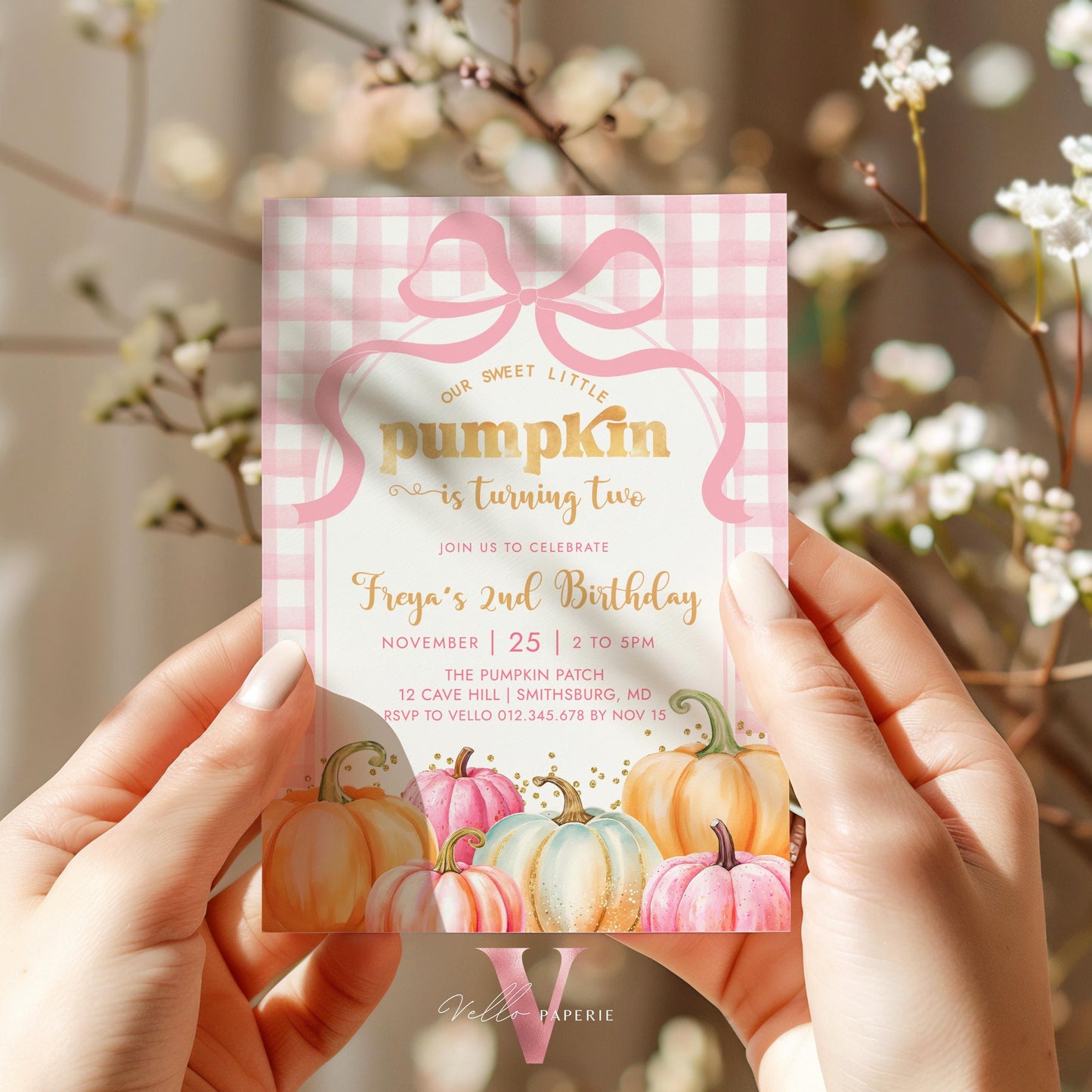 Little Pumpkin ANY AGE Fall Birthday Party Invitation | Autumn Pumpkin Patch Birthday Invite |Modern Pink Orange Gold Little Pumpkin Gingham