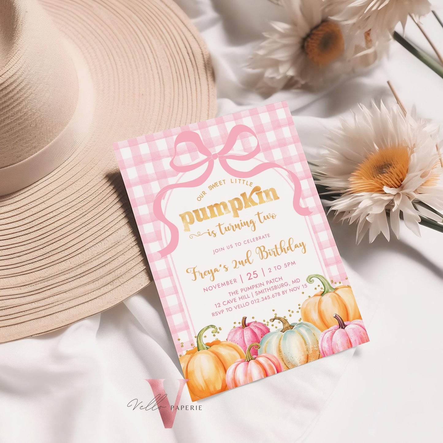 Little Pumpkin ANY AGE Fall Birthday Party Invitation | Autumn Pumpkin Patch Birthday Invite |Modern Pink Orange Gold Little Pumpkin Gingham