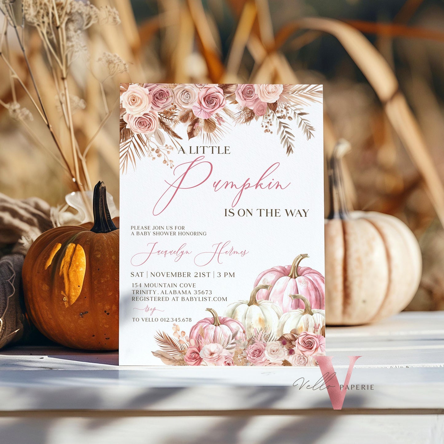 Editable Boho Little Pumpkin Baby Shower Invitation | Blush Pink Autumn Floral Pumpkin Baby Shower Invite | FALL Boho Baby Pumpkin PPBS01