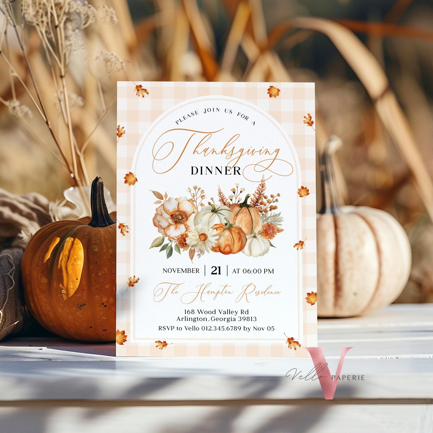 Autumn Thanksgiving DINNER Invitation | FALL Lets Thankful Together Friendsgiving Invite | Potluck Modern Rustic PUMPKIN Casual Thanksgiving